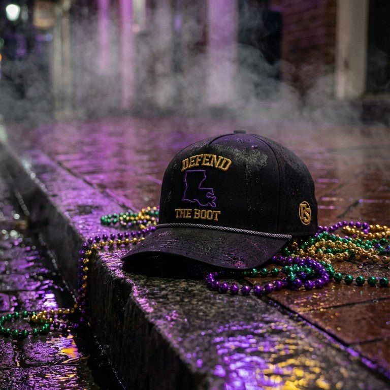 Defend the Boot with gold lettering, a purple Louisiana outline, gold FS badge and black-and-white patterned rope.