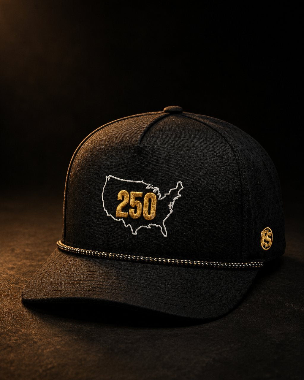 USA 250 snapback — black 5-panel hat with white USA outline and gold 250 embroidery, black and gold rope, studio lit