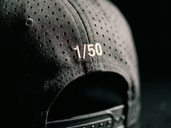 Drop 05 snapback from behind, rear panel numbered 1 of 50, design sealed