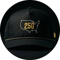 Front view of USA 250, showing the gold 250, white US outline and patterned rope.