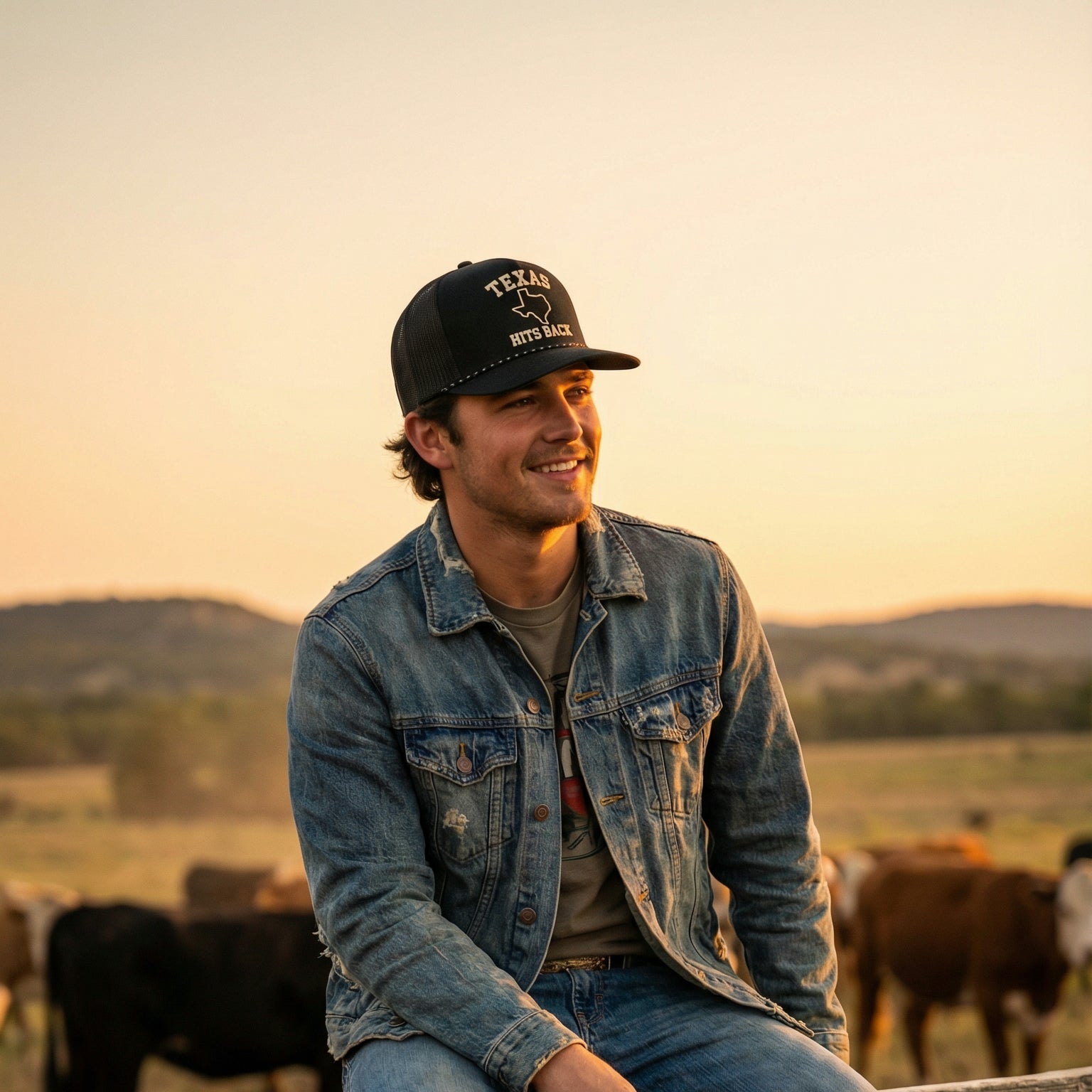 Man wearing a denim jacket and cap with 'Texas' text, sitting in a field with cows at sunset.