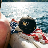 USA 250 on a boat seat, with its front embroidery, FS side badge and patterned rope visible.