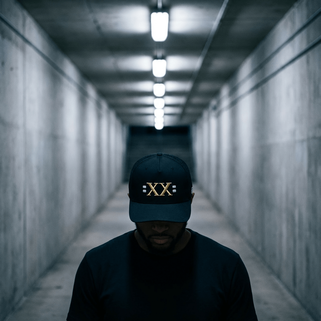 Jamal Roberts XX Midnight Slate trucker hat worn in industrial tunnel setting by Flipside Hat Co