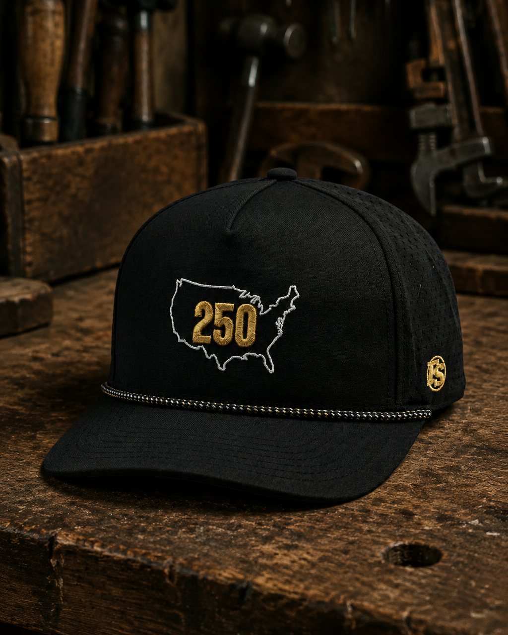 USA 250 snapback on a weathered workbench — Zapped Blackhawk 5-panel blank with rope detail