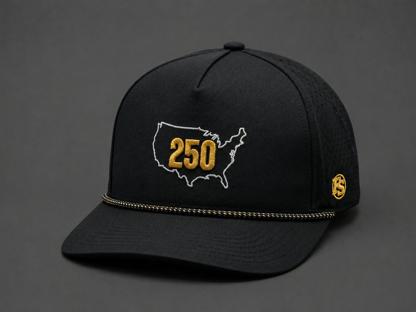 USA 250 snapback construction view — front embroidery, black and gold rope, gold FS side badge, curved brim