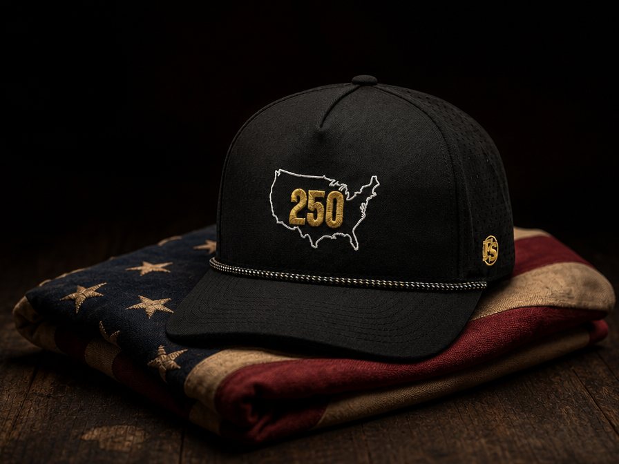 USA 250 snapback resting on a folded American flag under a single warm light