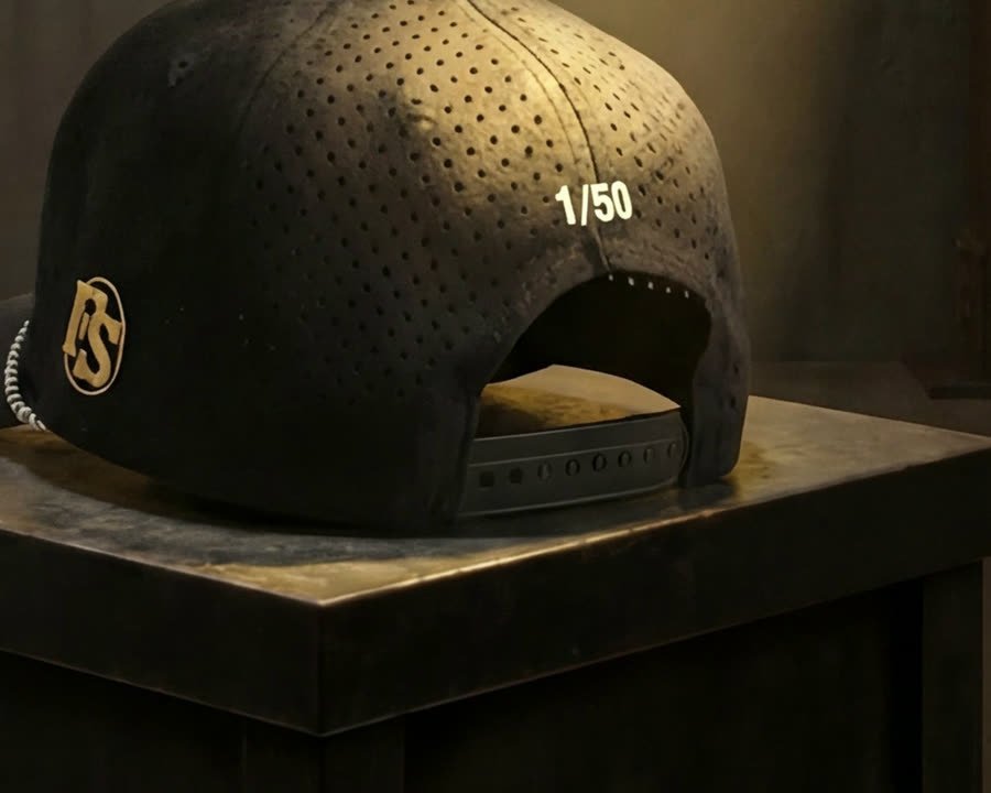 Rear panel of a Flipside hat with 1/50 above the snapback opening.